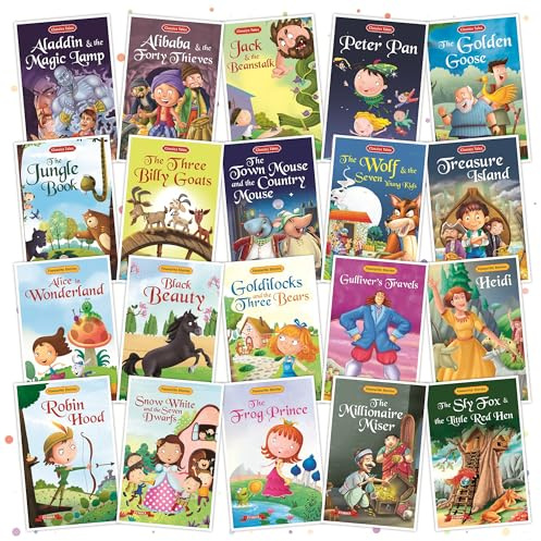 Set di 20 libri classici di racconti e storie preferite | Libri di racconti brevi in inglese per 3+ | Robin Hood, Biancaneve, Alice nel paese delle meraviglie, Aladdin, Alibaba, libro della giungla e