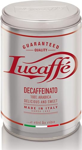 Lucaffè - Barattolo Caffè in Grani Decaffeinato 250 Gr | Caffè in Chicchi Interi da macinare per Espresso Cremoso senza caffeina | Tostatura Scura | Gusto Dolce e Fruttato, Cremoso | Aroma Intenso