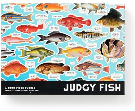 Brass Monkey Judgy Fish – 1000 Piece Jigsaw Puzzle Featuring Vintage Inspired Illustration Of Fish Art With Funny Quotes And Puffy Stickers