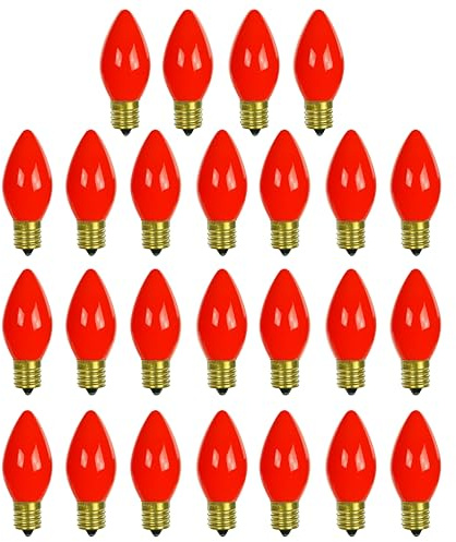 Sunlite Incandescent C9 Colored Night Light Bulb, 7 watts, 120 Volts, Intermediate E17 Screw Base, 2000 Rated Hours, Christmas-Lights Nightlight, Red, 25 Pack
