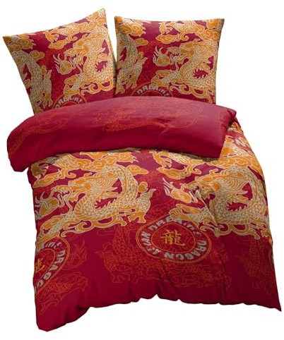 ETÉREA Microfaser Bettwäsche 140x200cm + 70x90cm - Ganzjahresbettwäsche Bettbezug Drache - Bettwäsche Set mit Kissen 140x200cm Bettbezug + 70x90cm Kissenbezug Microfaser - OEKOTEX Made in Green - Rot