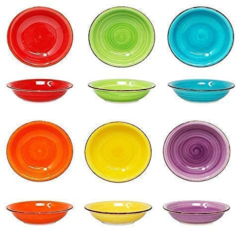 DRULINE Teller-Set bunt Edles Porzellan-Geschirr Suppenteller 750 ml 6 Farben mediterran backofentauglich Color Loop 6 teilig Set Ø 21 cm Tiefteller Porzellan 21.70 x 21.70 x 5 cm für 6 Personen