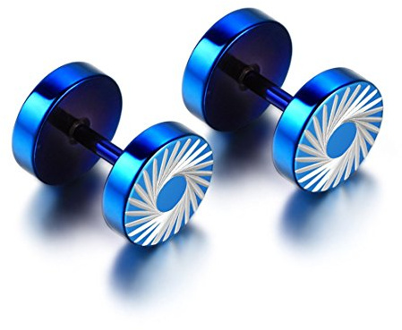 JewelryWe Stainless Steel Mens Unisex Illusion Tunnel Plugs Cheater Faux Fake Round Stud Earring Blue 8mm (with Gift Bag)