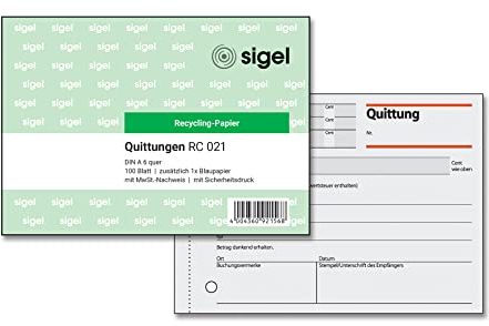 SIGEL RC021 Quittungsblock A6 quer, aus Recycling-Papier, 100 Blatt