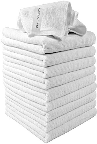 Clay Roberts Microfibre Cleaning Cloths, 40cm x 30cm - Pack of 10, White, Machine Washable, Polishing, Waxing & Dusting Cloth, Lint-Free, Kitchen Towel, Car Cleaning, Microfiber