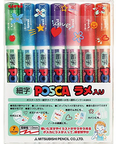 Uni Posca Glitter Marker Pc-3ml 7C, Fine Point, 7 Colors Set
