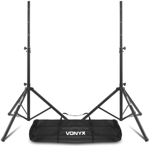 2x Vonyx LS01K Tripod Speaker Stands, Adjustable to 1.75m, 30kg, Carry Bag | Steel build, locking pins, rubber feet, fits 35mm PA/DJ speakers