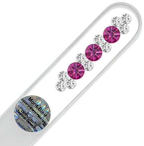 Mont Bleu Elegant, Czech Made Crystal Glass Nail File, Hand Decorated with Swarovski crystals, in Black Velvet Pouch (Fuchsia - Crystal)