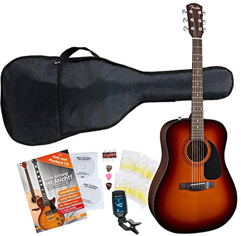 Fender CD-60 SB - Set chitarra western (con custodia, accordatore a clip, scuole di chitarra con CD e DVD, corde e plettri, colore: Sunburst