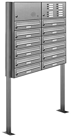 AL Briefkastensysteme 12er V2A Edelstahl Stand Briefkasten mit Klingel rostfrei als 12 Fach Briefkastenanlage DIN A4 in Postkasten Design modern