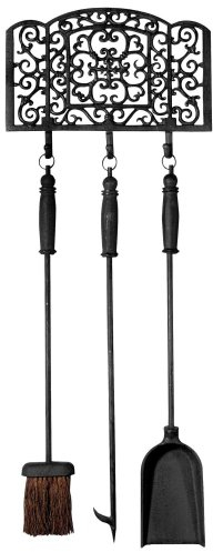 Esschert Design Kaminbesteck Set bestehend aus: Kaminschaufel, Kaminbesen, Schürhaken mit Halterung, fest montierbar, in schwarz