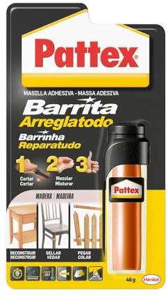 Pattex Barrita Arreglatodo, masilla bicomponente especial madera, pasta moldeable para pegar y reparar, resina epoxi barnizable y lijable para varias maderas, tubo 48 g