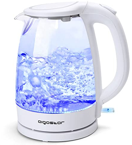 Aigostar Eve - Bouilloire Électrique en Verre Borosilicaté avec éclairage LED Bleu, Cristal Transparente, 2200W, 1,7L, Filtre Anticalcaire,Arrêt automatique, Base 360°,Sans BPA, Blanche