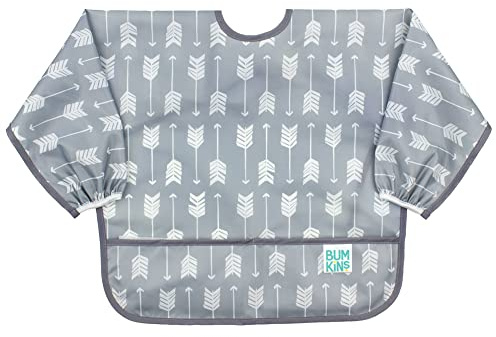 Bumkins Sleeved Bib for Girl or Boy, Baby and Toddler for 6-24 Mos, Essential Must Have for Eating, Feeding, Baby Led Weaning Supplies, Long Sleeve Mess Saving Food Catcher, Soft Fabric, Gray Arrows