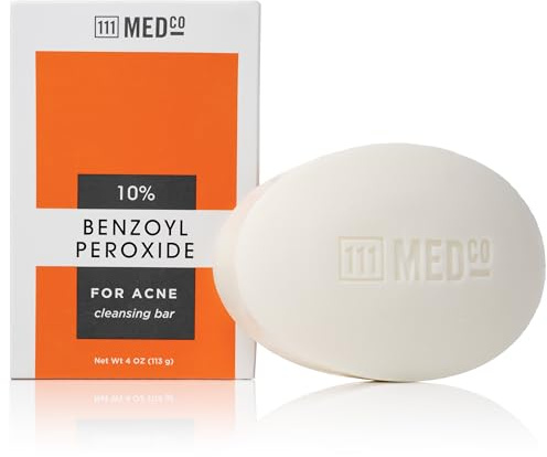 111MedCo 10% Benzoyl Peroxide Acne Treatment Cleansing Bar, Maximum Strength Medicated Face & Body Soap‑Free Bar for Stubborn Breakouts on Face, Chest and Back, 4 oz