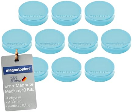 magnetoplan Ergo-Magnete, Medium | ØxH 30x8mm | 10 Stück, Babyblau | Extreme Haftkraft von 0,7 kg | Für Kühlschrank, Whiteboard, Magnettafel