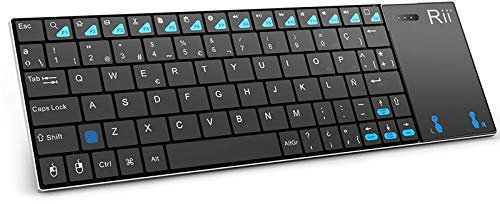 Rii K12+ Mini Teclado Inalámbrico, Teclado Compacto con touchpad multitoque Integrado (WiFi 2.4 GHz, USB Incorporado, Cubierta de Acero Inoxidable Ultra-Resistente) Color Negro - QWERTY Español