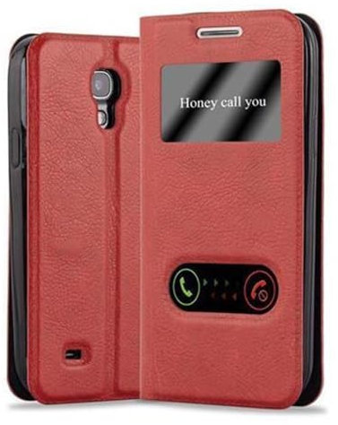Cadorabo Hülle kompatibel mit Samsung Galaxy S4 in Safran ROT - Schutzhülle mit Magnetverschluss, Standfunktion und 2 Sichtfenstern