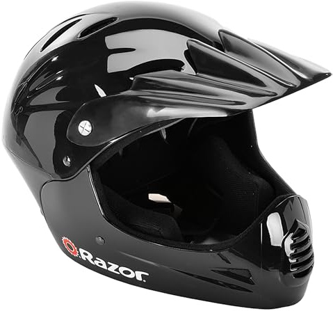 Razor Full Face Youth Helmet - Front Visor Youth Bicycle Helmet with a Lightweight Plastic Outer Shell - Adjustable Straps, Padded Interior, and 17 Vents for Breathable Comfort - Black
