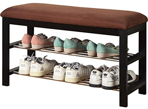FurnitureMaxx Dark Espresso Wood Shoe Bench with Chocolate Microfiber Seat