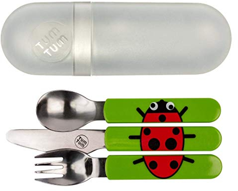TUM TUM Kinder Reisebesteck - Edelstahl Babybesteck - Kinderbesteck mit Motiv (Marienkäfer) - extra Aufbewahrung - Esslernbesteck Set - Kindergeschirr 3-10 Jahre - BPA frei