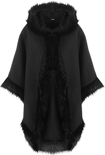 WearAll Women's Plain Faux Fur Trim Hood Cape Shawl Cloak Poncho Coat Top - Black - One Size
