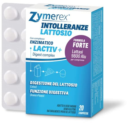 Zymerex Intolleranze Lattosio 20 compresse | Integratore alimentare | Digestione lattosio | A base di enzimi | Ananas e papaya | Senza glutine e lattosio