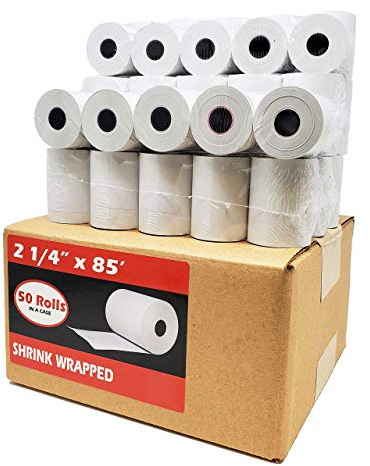 (50 Rolls) 2 1/4 x 85 Thermal Paper Receipt Rolls 2.25 x 85 ft, 55 GSM Premium Quality German Paper Fits All Credit Card Terminals Verifone VX510 VX570 FD50 BPA Free from BuyRegisterRolls