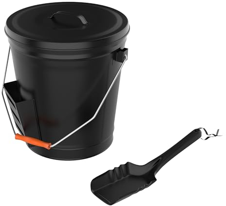 Home-Complete Cubo de Ceniza Negro con Tapa y Pala para Chimenea, Gran Accesorio para Cenizas de Estufa de leña