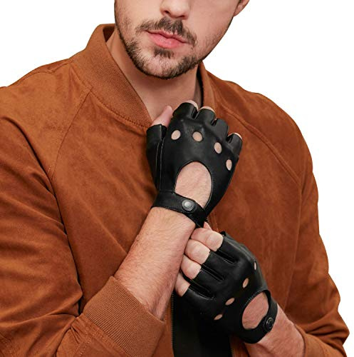 GSG Men's Fingerless Leather Driving Gloves, Padded Palm, lambskin，Black