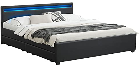 Juskys Polsterbett Lyon 180x200 cm mit Bettkasten, LED Beleuchtung, Lattenrost & Kunstleder, schwarz, Bett Bettgestell Doppelbett Ehebett