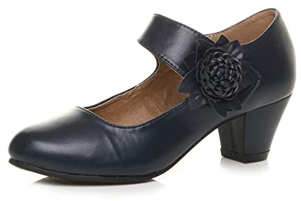 Ajvani, kvinnor, damer, låg block, kitten heel-klack, Mary Jane stil, blomma, läderfodrade arbetsskor, pumps, storlek., marinblå, 39 EU