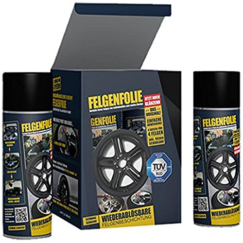 mibenco 61001203 71001203 set, fälgfolieset, 4 x 400 ml, svart glänsande – original set om 4 – flytande gummi/sprayfolie – färg