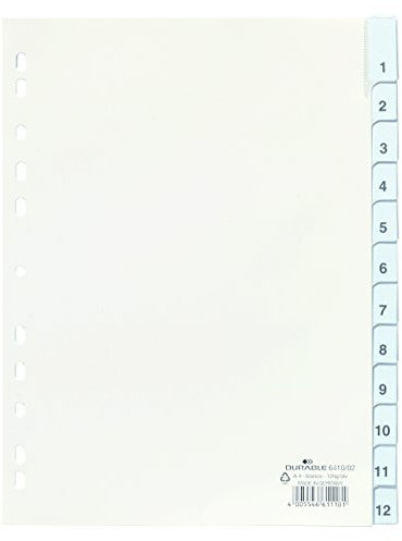 Durable Blanko-Register aus PP, A4 hoch, volldeckend, 1-12 beziehungsweise Januar-Dezember, weiß, 641002