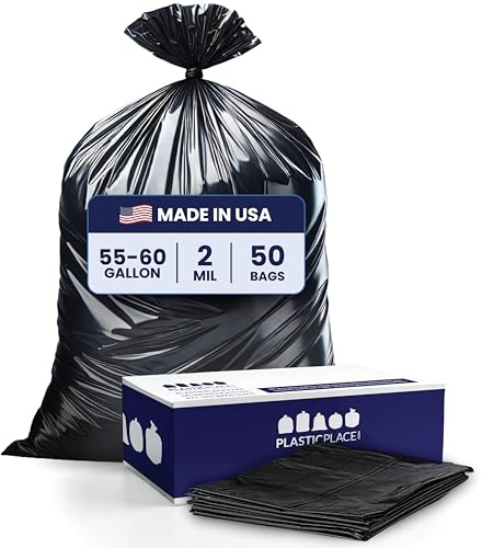 Plasticplace 55-60 Gallon Trash Bags │ 2.0 Mil │ Black Heavy Duty Garbage Can Liners │ 36” x 58” ,50 Count, Black (Pack of 1)