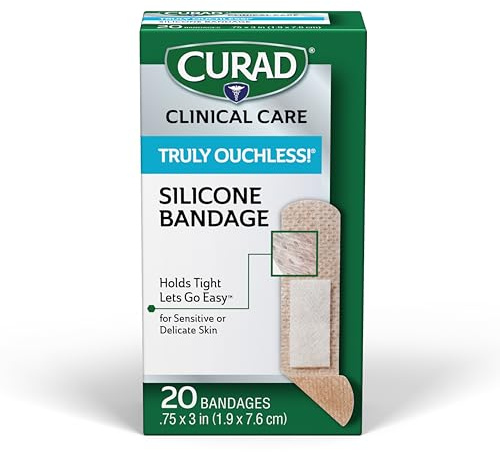CURAD Truly Ouchless!® Silicone Bandages, .75 x 3, For Sensitive or Delicate Skin, Flexible Fabric, Protects Scrapes, Cuts & Burns, 20 Count