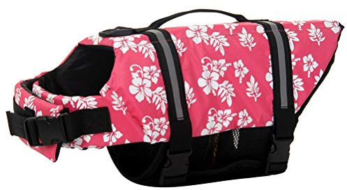 ChezAbbey Dog Life Jacket Adjustable Dog Lifevest Swimsuit Safety Vest Apparel Lifesaver Coat for Small Large Cats Puppy Kitty with Handle Reflective for Swimming and Boating Pink Flower XS