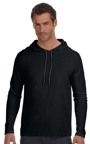Anvil Lightweight Long Sleeve Hooded T-Shirt. 987 Large Black/Dark Grey