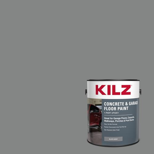 KILZ 1-Part Epoxy Acrylic Concrete & Garage Floor Paint, Slate Gray, Satin, Interior/Exterior Concrete Paint for Basement Floors, Porches, Driveways & Pool Decks, 1 Gallon