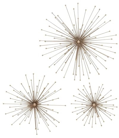 Deco 79 Metal Starburst Home Wall Decor 3D Wall Sculpture, Set of 3 Wall Art 13, 17, 21W, Gold