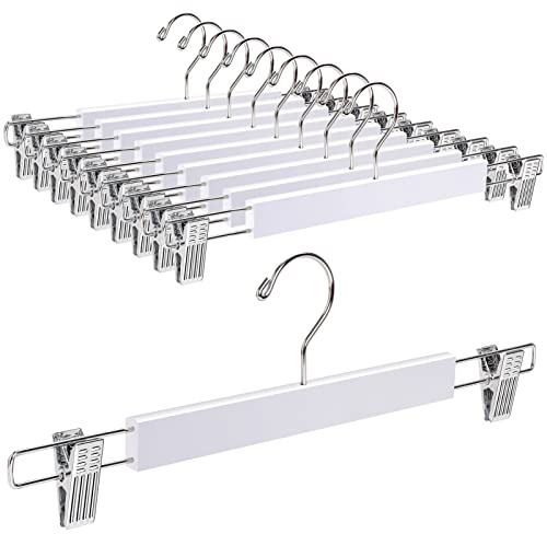 Amber Home 10 Pack 14.17 Solid White Wooden Pant Skirt Hangers, Bottom Hangers for Slacks Trousers Jeans with 2-Adjustable Anti-Rust Clips (White, 10 Pack)