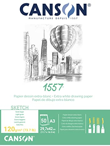 CANSON 1557® Skizzenpapier kopfgeleimt, DIN A3 - 29,7 x 42 cm, 50 Blatt, 120 g/m², leicht gekörnt