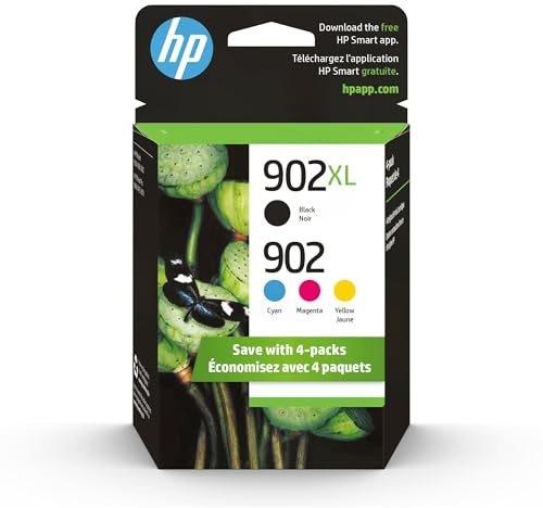 HP 902XL Black + 902 Cyan, Magenta, Yellow Ink Cartridge (Black XL + CMY) | Works OfficeJet 6954, 6958, 6962 OfficeJet Pro 6968, 6975, 6978 | T0A39AN