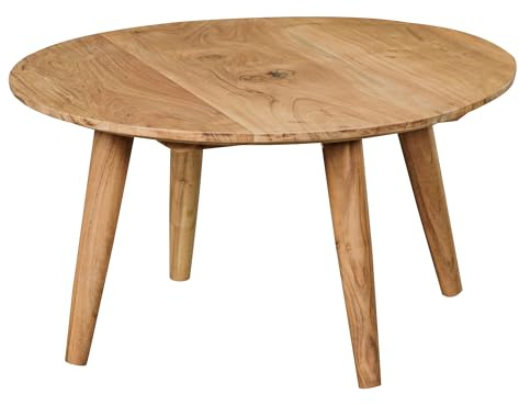 FineBuy Couchtisch Akazie Massivholz rund 75 cm · Wohnzimmertisch im skandinavischen Retro Design · Handgefertigter Holztisch mit konischen Beinen aus Vollholz Braun