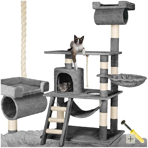 tectake® Tiragraffi per Gatti, Albero Medio 141 cm con Amaca, Cuccetta, Tunnel, Piattaforma, Giochi per Gatti, Sisal Robusto per Artigli, Struttura Compatta, per Interni - Grigio