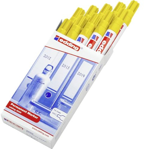 edding 3000 permanent marker - yellow - box of 10 - round tip 1.5-3 mm - quick-drying permanent markers - waterproof, smudge-proof - for cardboard, plastic, wood, metal, fabric - marker pens