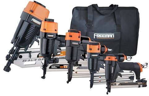 Freeman P5FRFNFWSCB Pneumatic Framing and Finishing Nailers and Staplers Combo Kit with Canvas Bag and Fasteners (5-Piece),Black