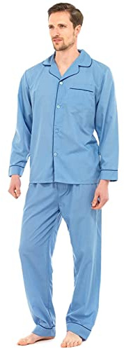 MyShoeStore Men's Traditional 2 Piece Pyjama Set Long Sleeve Button Up Cotton Blend Sleepwear Blue M