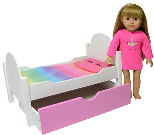 The New York Doll Collection Unicorn Wooden Doll Bed Fits 18 Inch / 46cm Dolls (Trundle Bed) Doll Furniture Fits, (C105)