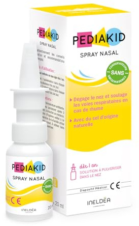 PEDIAKID - Spray Nasal - Solution saline naturelle - Décongestionne, Nettoie et Humidifie le Nez - Dès 1 an - Sans gaz propulseur - Dispositif médical - 20ml